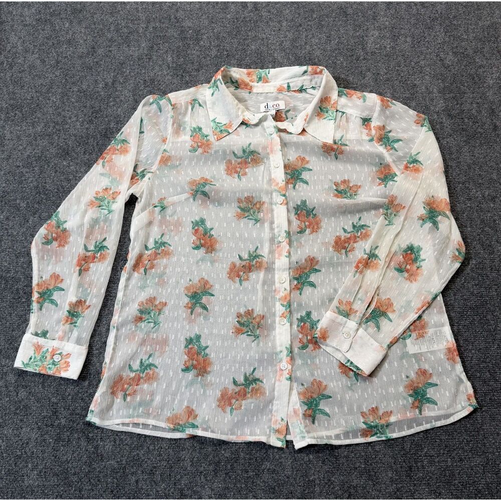 Denim & Co Women’s L Floral Sheer Button Front Blouse Peach Green Boho Cottage